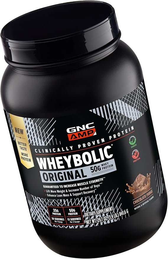 GNC AMP Wheybolic Clinically Proven Protein Powder 50g Whey Protein BCAA Leucine Increases Muscle Strength Muscle Building 3rd Party Tested Gluten Free Chocolate Fudge 13 Servings