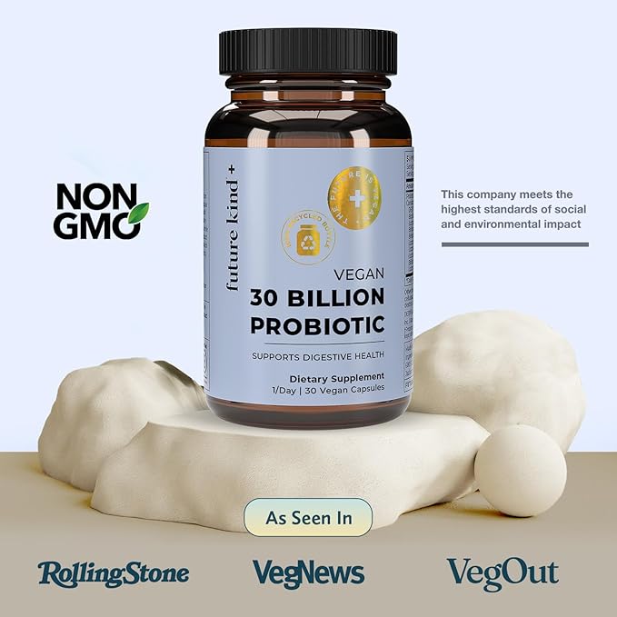Future Kind Vegan Probiotics for Women and Men - 30 Billion CFUs Probiotics for Digestive Support (30 Adult Probiotic Capsules) No GMOs Daily Probiotic Supplements from 42 Fruits &amp Vegetables