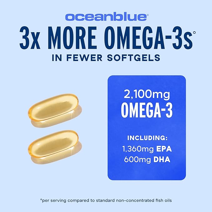Oceanblue Professional Omega-3 2100mg Fish Oil Supplement – Triple Strength High Potency EPA DHA &amp DPA – Burpless Wild-Caught Natural Orange Flavor – 120 Count (Pack of 1)