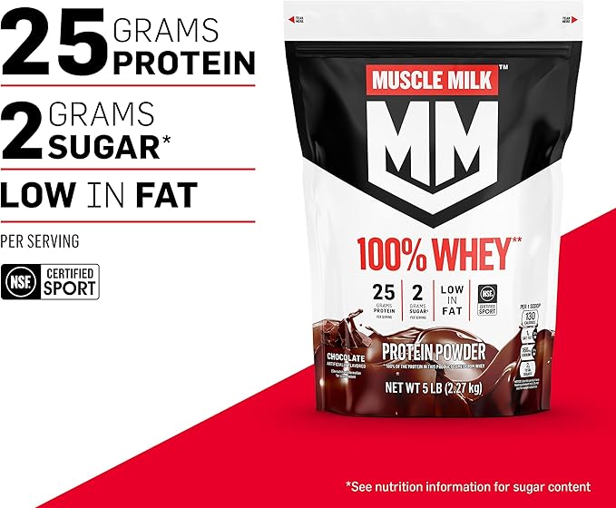 Muscle Milk 100% Whey Protein Powder Chocolate 5 Pound 66 Servings 25g Protein 2g Sugar Low in Fat NSF Certified for Sport Energizing Snack Workout Recovery Packaging May Vary