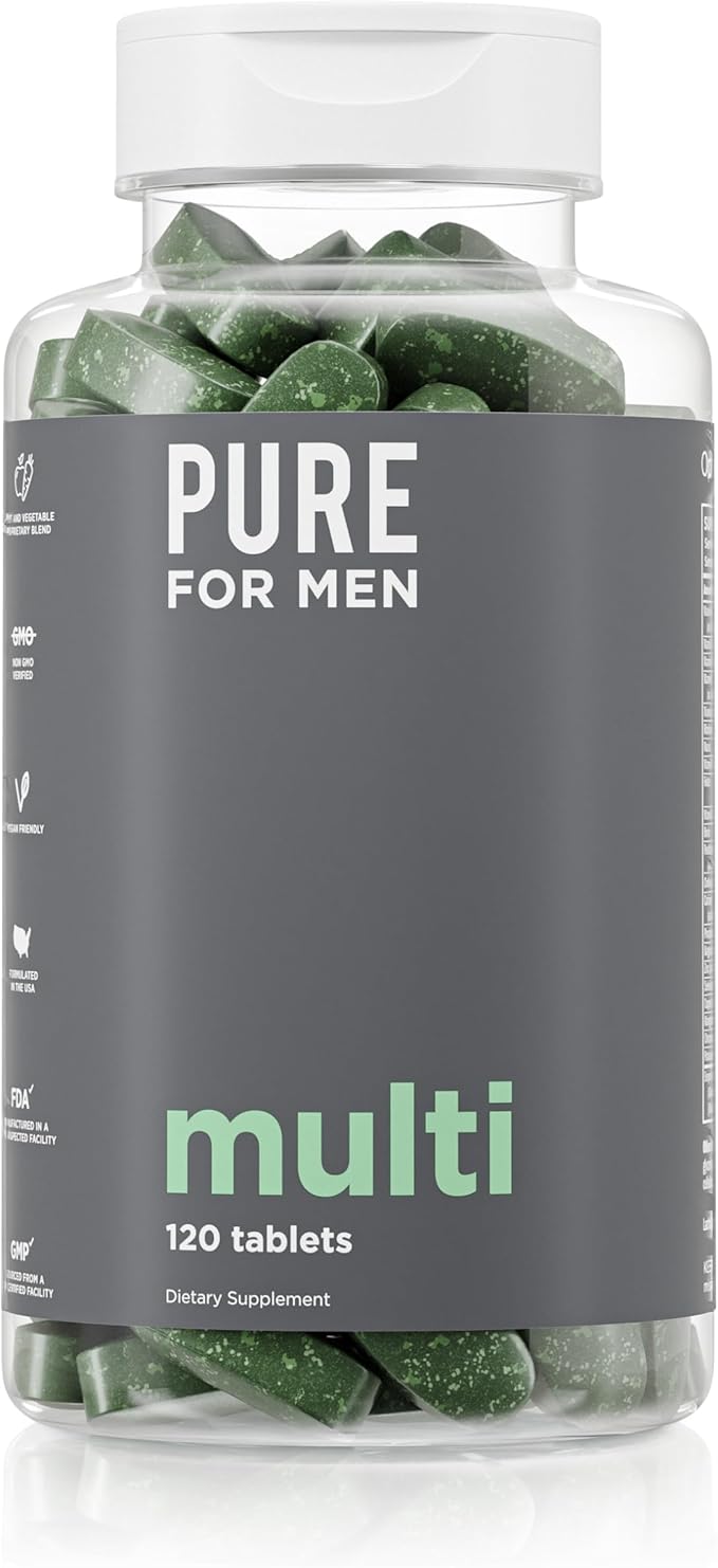 Pure for Men Multivitamin Supplement | Energy Mood Support Strong Bones Antioxidants Minerals | Vitamins A B C D Magnesium Calcium | 42 Fruit &amp Vegetable Proprietary Blend | 120 Vegan Tab