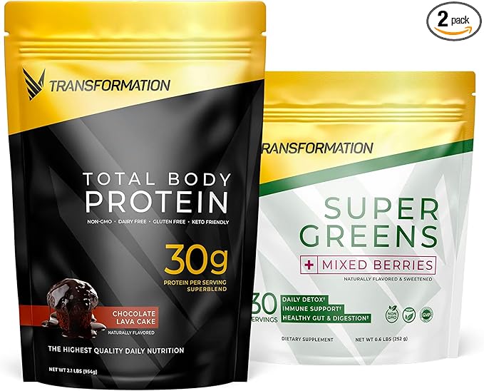 Transformation Chocolate Premium Protein Powder + Super Greens Immune Boosting Combo Pack- Energy Gut Health Detox &amp Diet Support- 30g Multi-Protein Superblend &amp 1 Full Serving Vitamins &amp