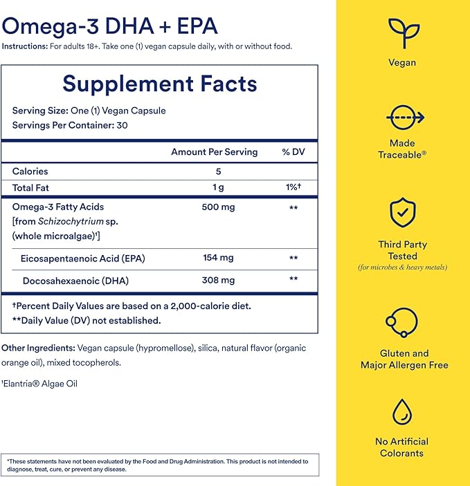 Ritual Omega 3 - Vegan - Science-Backed Dose of DHA &amp EPA Fatty Acids in 2:1 Ratio Bioavailable Brain and Heart Health Support Minimal Burp-Back Sustainably Sourced Microalgae 30 Day Supply