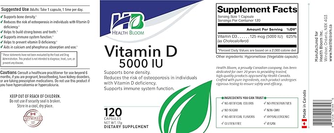 Vitamin D 5000IU | 120 Capsules | Health Bloom | Vitamins and Minerals Capsules |
