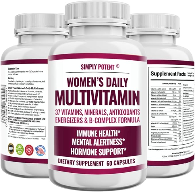 Simply Potent | Women's Multivitamin – 37 Vitamins &amp Minerals with Biotin Vitamins A C D E B12 Folate Zinc Magnesium Calcium &amp Green Tea Extract | Non-GMO Gluten-Free | 60 Capsules
