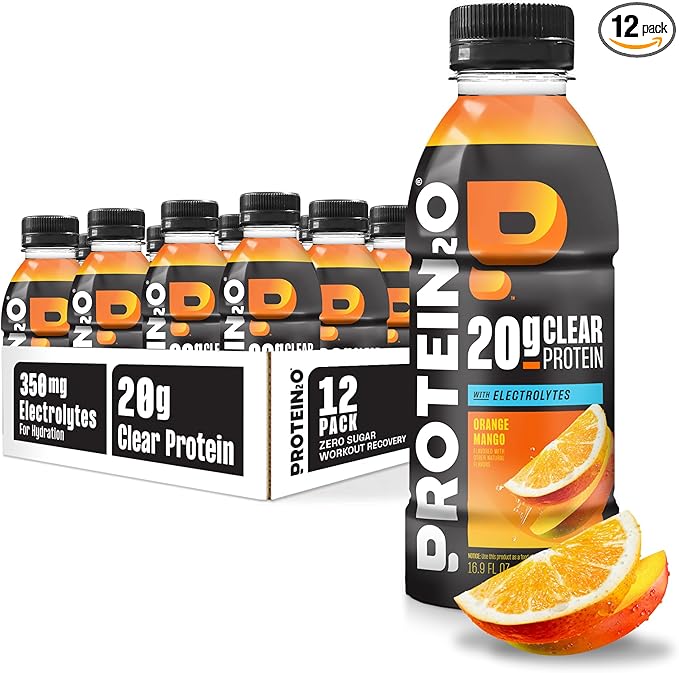 Protein2o Hydration Drink - 2-in-1 Liquid Clear Whey Protein Isolate and Electrolyte Drink - 20g Protein Vitamins B5 B6 - Post-Workout Recovery - 16.9 Fl Oz - 12 Count Orange Mango