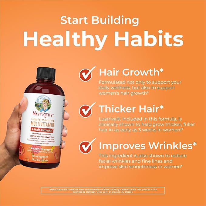 MaryRuth's Morning Multivitamin +Hair Growth (Peach Mango 15oz) Nighttime Multimineral (Coconut 15oz) &amp Probiotic Drops (2oz) | Vegan Vitamins for Beauty Bedtime &amp Wellness | Non-GMO