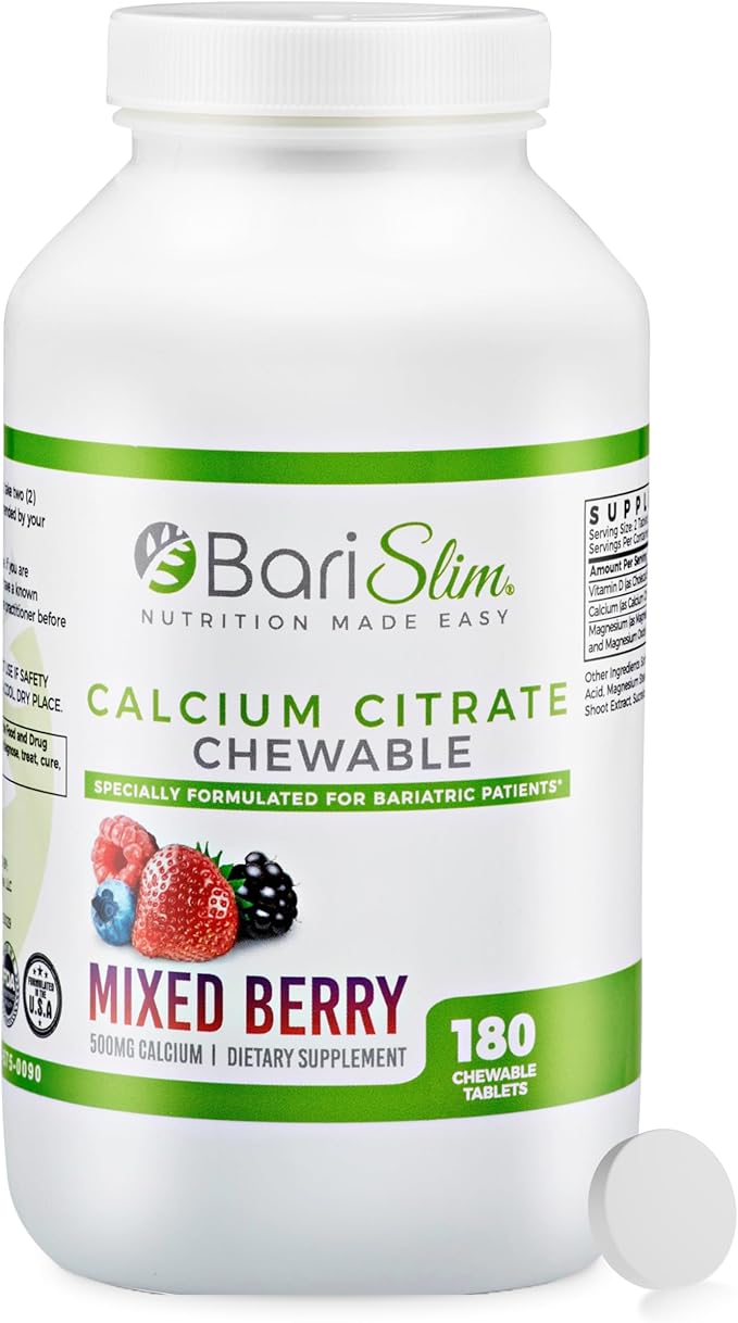BariSlim Bariatric Calcium Citrate with Magnesium &amp Vitamin D Tabs - 500mg Calcium Citrate - Formulated for Post Weight Loss Surgery - Supports Bone Health | Mixed Berry | 180 Tablets