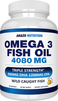 Arazo Nutrition Wild Caught Omega-3 Fish Oil Concentrate – 4080mg per Serving – High EPA 1200mg &amp DHA 900mg – 90 Burpless Lemon Softgels