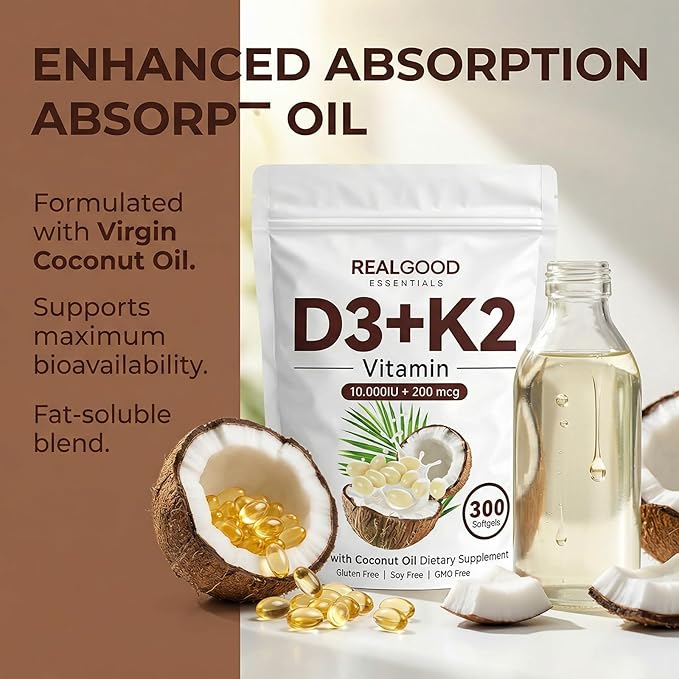 Real Good Essentials Vitamin D3 K2 D3 K2 Vitamin 10000 Iu Extra Strength 2-In-1 D&ampK Complex with Virgin Coconut Oil Free Of Gmo Gluten Soy Bone Health Supports Calcium Absorption 300 Softg