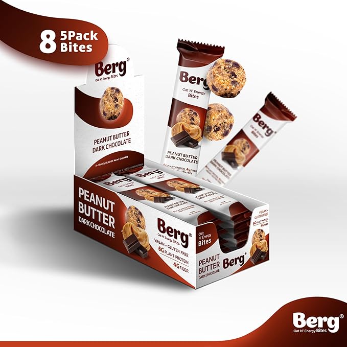 Berg Oat N' Energy Bites - Peanut Butter &amp Dark Chocolate - Non-GMO Gluten Free Dairy Free Soy Free and Vegan - Clean Energy Snack - 1.5oz (8 Pack)