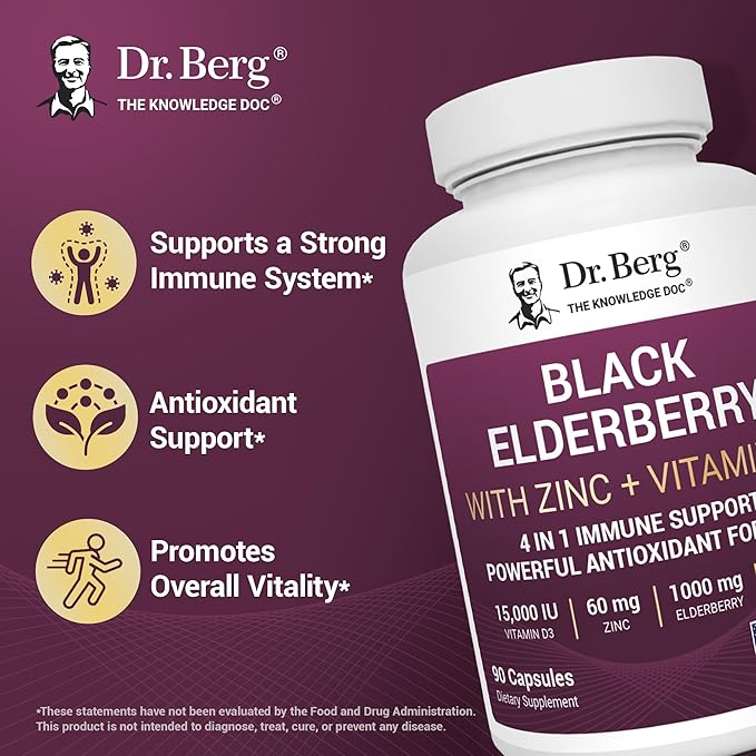 Dr. Berg Black Elderberry Capsules (Advanced Immune Support*) with 15000 IU Vitamin D 60 mg of Zinc &amp 90 mg of Camu Camu - (4-in-1) Sambucus Elderberry Immune Support Supplement - 90 Capsules