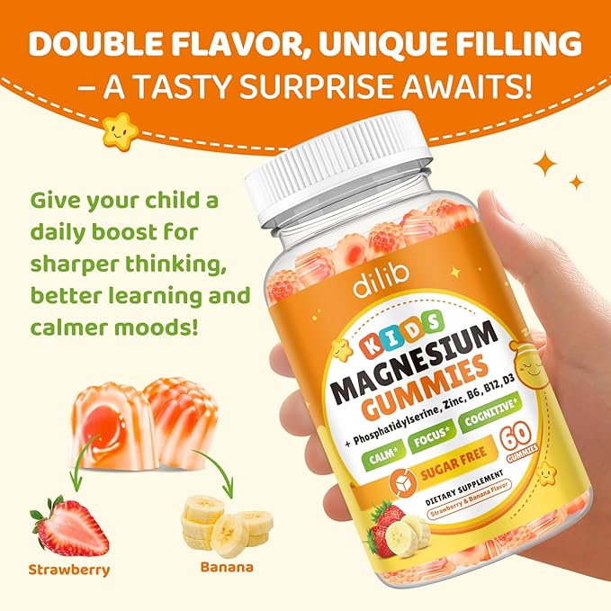 Magnesium Glycinate Gummies for Kids Brain Supplement for Memory and Focus with Phosphatidylserine L-Theanine Zinc for Kids &amp Adults Sleep Cognition Calm Strawberry &amp Banana Flavor 120ct