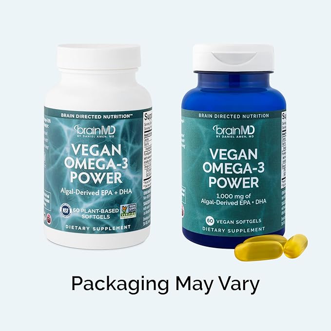 BRAINMD Dr Amen Vegan Omega-3 Power - 60 Plant-Based Softgels - 1100 mg of EPA &amp DHA - Supports Focus Memory &amp Heart Health - Vegan Gluten Free &amp Non-GMO - 30 Servings