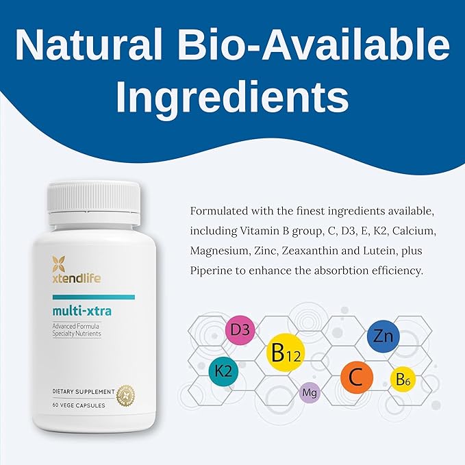 Xtendlife Multi-Xtra Multivitamin for Immune Heart &amp Energy Support - 40+ Bioavailable Vitamins Minerals Antioxidants &amp Herbs - for Men Women &amp Children - 30 Day Supply