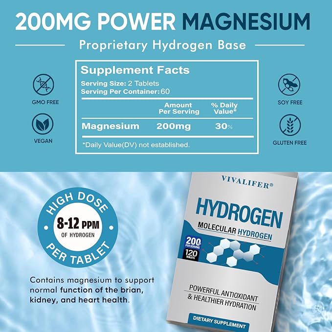 Hydrogen Tablets for Drinking Water | 8 PPM Molecular H2 Tablets with Magnesium | Supports Energy Metabolism &amp Brain Function | 240 Tablets Non-GMO Gluten Free