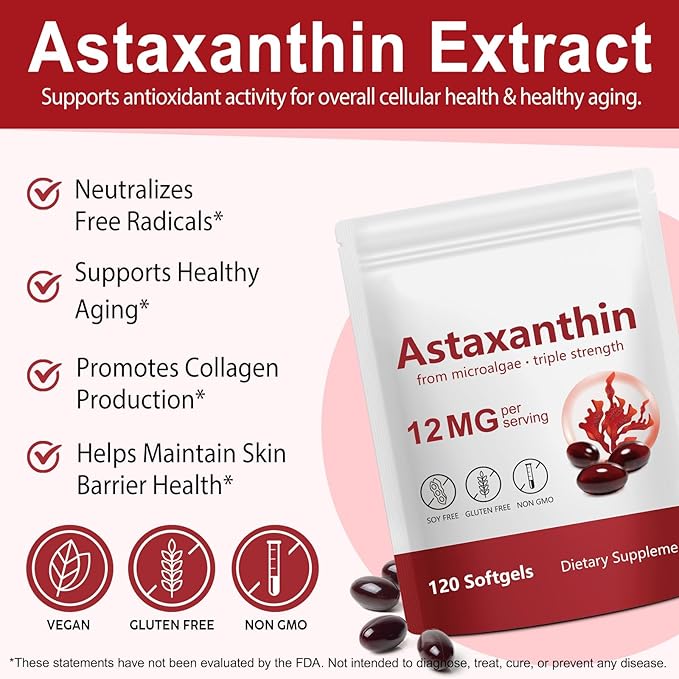 Astaxanthin 12mg 120 Softgels (2Pack)Premium Astaxanthin Antioxidant Supplements with Antioxidant Activity Supports Eye Skin Joint &amp Immune System Health Fresh Microalgae Source Non-GMO