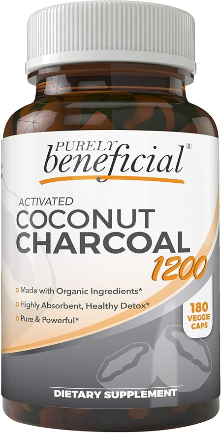 PURELY beneficial Activated Coconut Charcoal 1200mg 180 Capsules - Pills for Digestive System Bloating Vegan (1bottle)