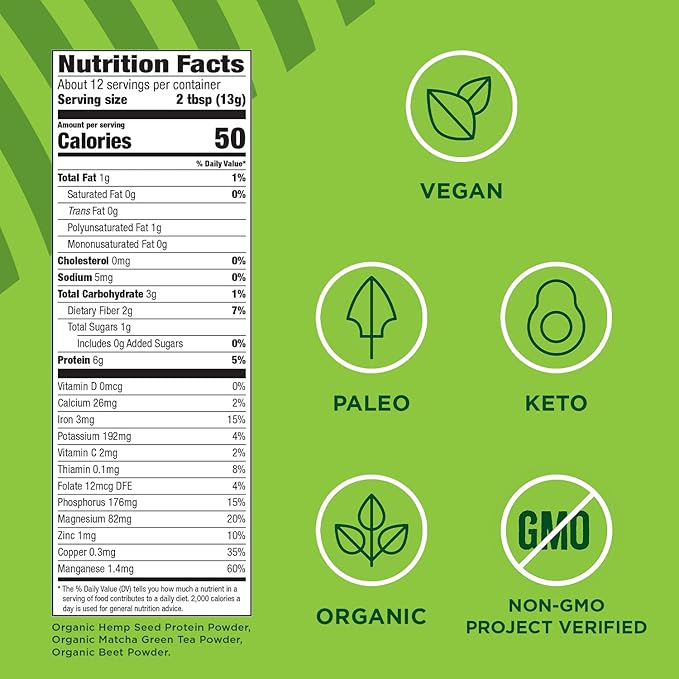 Manitoba Harvest Organic Hemp &amp Matcha Powder 5.5 oz – Energy 6g of Protein 2g of Fiber per Serving – Matcha Protein Powder - Blend in Smoothies – Vegan Non-GMO Project Verified - 56g of Caffe