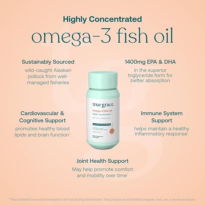 True Grace Omega-3 Fish Oil - 180 Softgels - 1400 mg EPA + DHA - Brain Heart Joint &amp Immune Health - Organic Gluten Free Soy Free
