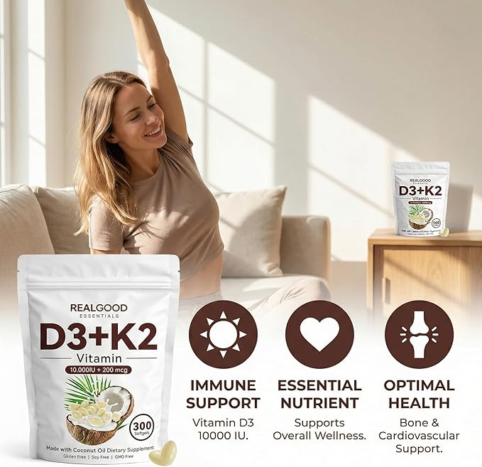 Real Good Essentials Vitamin D3 K2 D3 K2 Vitamin 10000 Iu Extra Strength 2-In-1 D&ampK Complex with Virgin Coconut Oil Free Of Gmo Gluten Soy Bone Health Supports Calcium Absorption 300 Softg