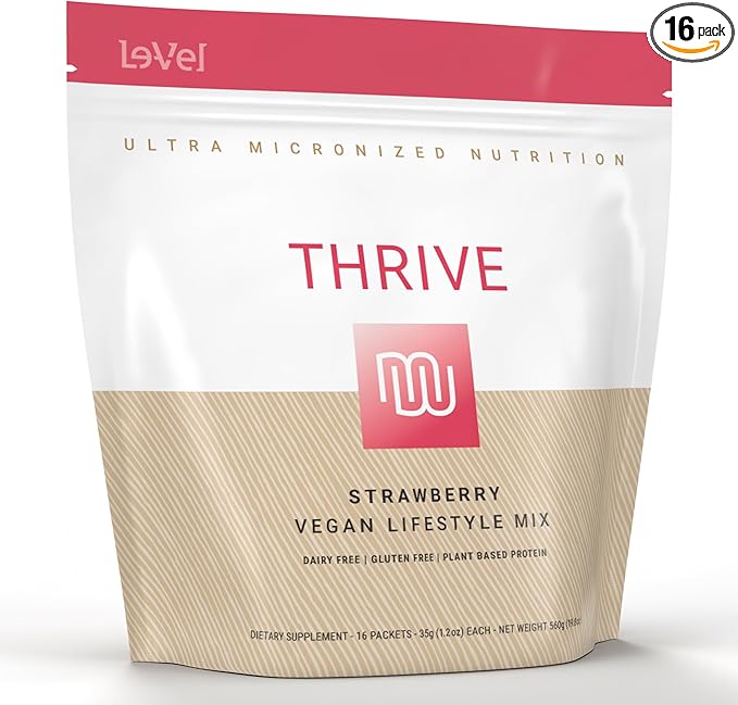 Le-Vel Thrive Vegan Protein Shake | 16 Packets 35g | Gluten-Free Plant-Based Protein with Probiotics Fiber &amp Enzymes | Supports Lean Muscle &amp Digestive Health (16 Packets (Pack of 1) Strawb