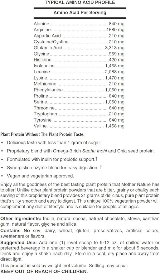Plant Protein (Premium Blend) - No Soy Hypoallergenic No Grit (Featuring Omega 3 Rich Sacha Inchi and Chia) - 1.1 lb (510G) - Chocolate