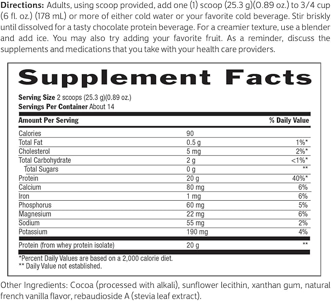 Biochem 100% Whey Sugar-Free Chocolate 20g 12.5oz Certified Vegetarian Gluten Free Non-GMO Tested Keto Friendly Grass-Fed