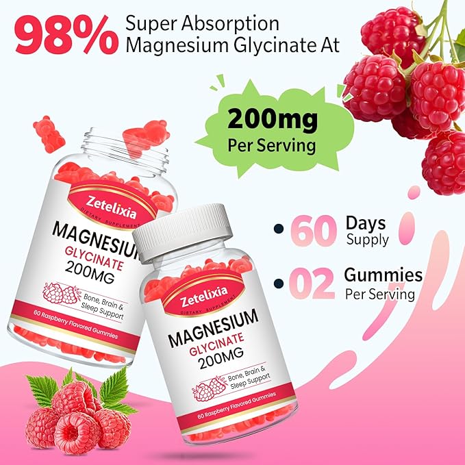 200MG Magnesium Glycinate Gummies High Absorption Magnesium Glycinate Supplements for Relaxation Raspberry Flavor 2 Pack 120 Count