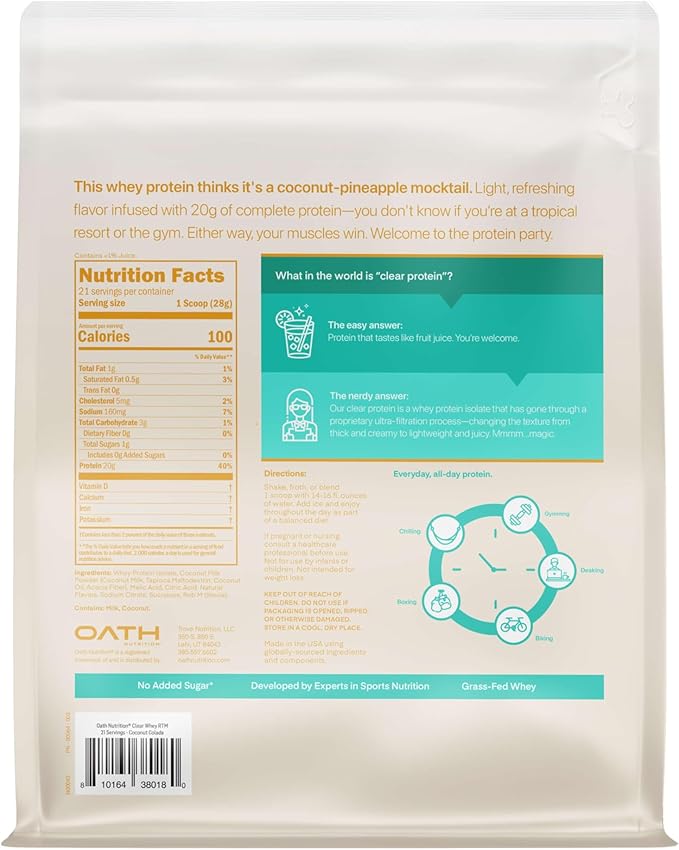 Oath Nutrition Clear Whey Isolate Protein Powder Coconut Colada 20g Complete Protein per Serving No Added Sugar Grass-Fed 21 Servings