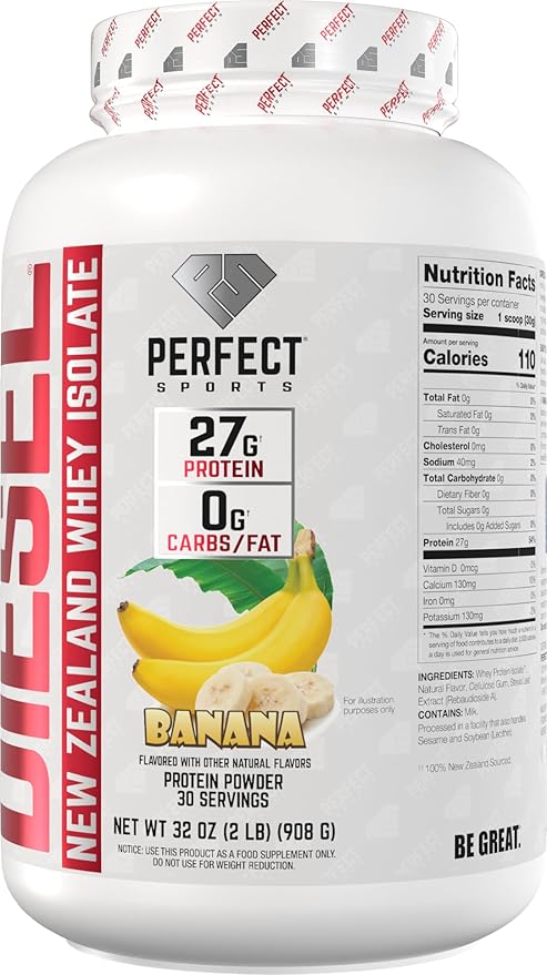 PERFECT SPORTS Diesel 100% New Zealand Whey Protein Isolate | Stevia Sweetened No Artificial Ingredients Keto | 0g Carb 0g Fat 26g Protein | 2 Pounds (Banana)