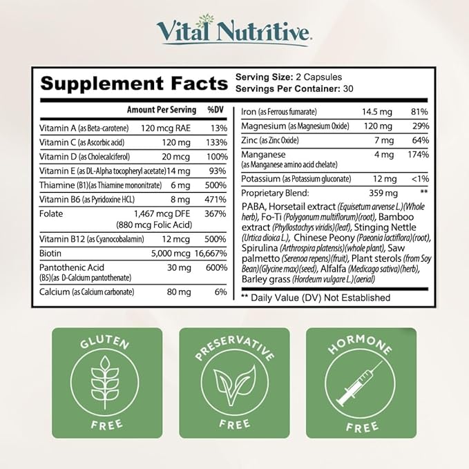 Vital Hair Complex -Hair Growth Vitamins for Women and Men -Biotin &amp Vitamin B -Hair Growth Supplement for Healthy Hair Skin &amp Nails -Hormone &amp Gluten Free -Hair Vitamins for Women