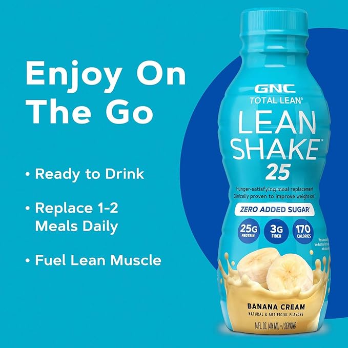GNC Lean Shake 25 Protein Shake Clinically Proven Weight Management Meal Replacement 25g Protein with Zero Added Sugar Ready To Drink Banana Cream Pack of 12