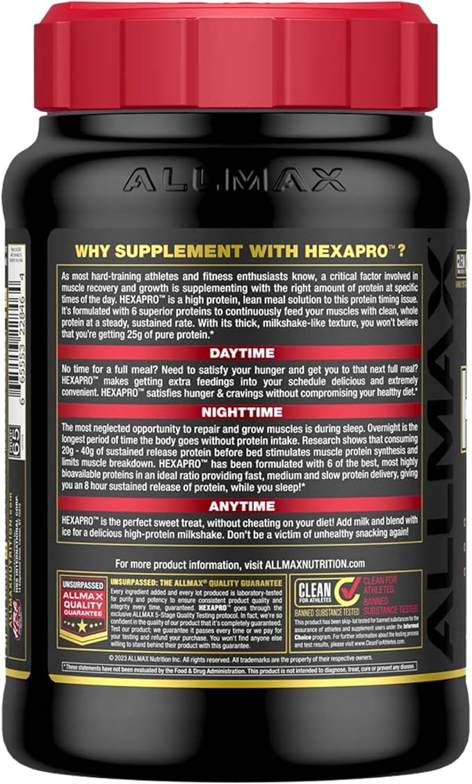 ALLMAX HEXAPRO French Vanilla - 2 lb - 25 Grams of Protein Per Serving - 8-Hour Sustained Release - Zero Sugar - 21 Servings