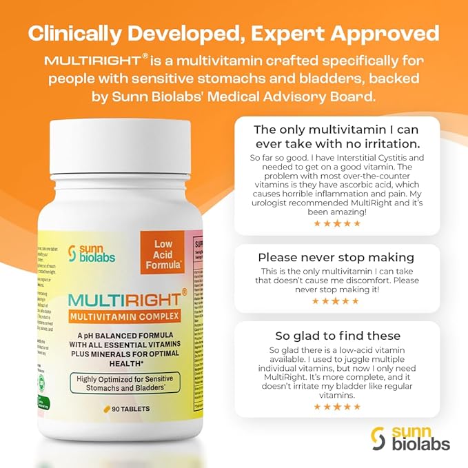 MULTIRIGHT | LOW ACID MULTIVITAMIN for Sensitive Stomachs Bladders | 14 Vitamins &amp 14 Minerals | Bladder-Friendly pH Balanced | Easy on Digestion-Less Acidic | Buffered Vitamin C | 270 Tablets (