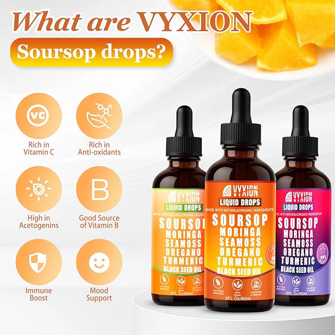 Soursop Bitters Liquid Drops 10 in 1 with Sea Moss Moringa Turmeric Black Seed Oil Oregano Ashwagandha | Herbal Extracts for Overall Health-Enhancing | Vegan Non-GMO | 2 Fl Oz (Orange flavor)