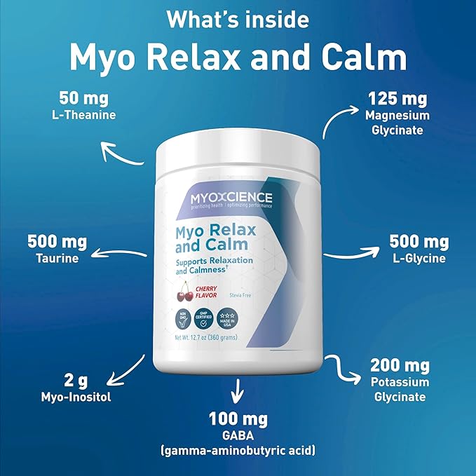 MYOXCIENCE Myo Relax &amp Calm | Myo-Inositol L-Theanine Taurine Magnesium &amp GABA | Supports Sleep Neurotransmitter and Hormone Support (Cherry Flavor) (60 Servings)