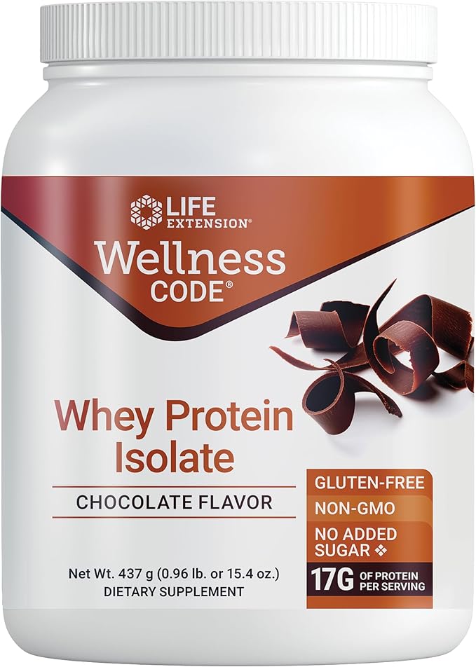 Life Extension Wellness Code® Whey Protein Isolate (Chocolate) Protein and branched-Chain Amino acids for Muscle Growth &amp Immune Health no Sugar Added Gluten Free Non-GMO 437 Grams 20 Servin