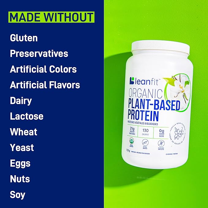 LeanFit Organic Plant-Based Protein Powder Natural Vanilla Flavor - Vegan USDA Organic Certified Soy-Free Gluten-Free Dairy-Free Sugar-Free Non-GMO - 21g Protein 19 Servings 1.58 Pound Tub