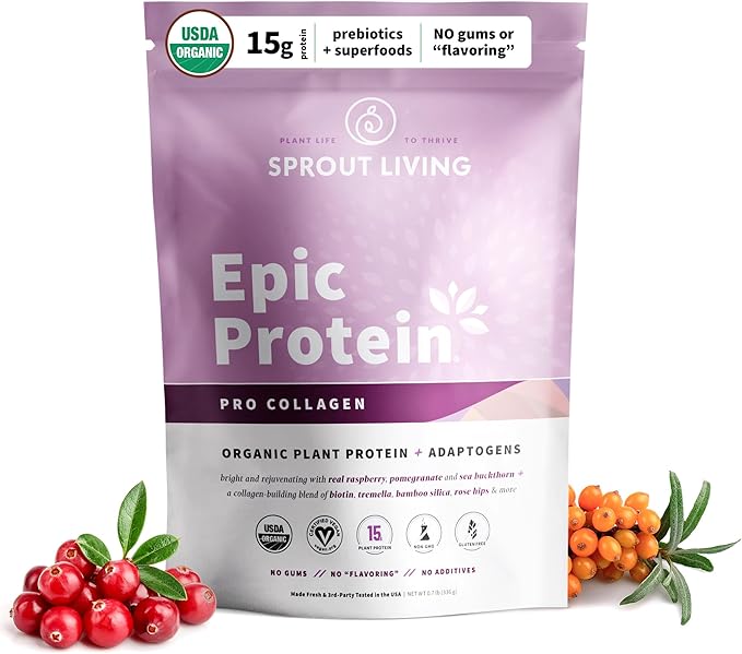 Sprout Living Epic Protein Plant Based Protein &amp Superfoods Powder Pro Collagen Berry | 15 Grams Organic Protein Powder Vegan Non Dairy Non-GMO Gluten Free Low Sugar (0.7 Pound 12 Serving