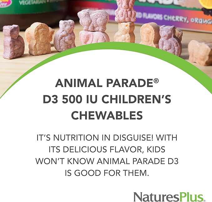 NaturesPlus Animal Parade Vitamin D3 Children’s Chewables - Black Cherry Flavor - 90 Animal-Shaped Tablets Pack of 2 - Gluten Free Vegetarian Hypoallergenic - 180 Total Servings