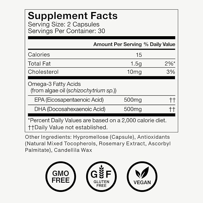 Momentous Vegan Omega-3 - Plant-Based EPA &amp DHA Supplement for Men &amp Women - Sourced from Algae Oil - Supports Heart Joint &amp Brain Health - NSF Certified for Sport - 1000 mg - 30 Servin