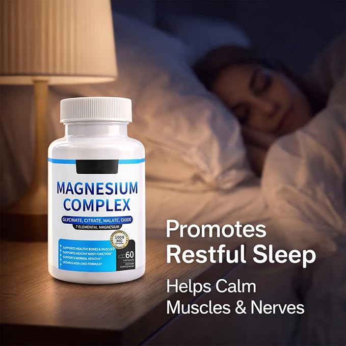 Magnesium Complex 1000 mg — 7-in-1 Magnesium (Glycinate Citrate &amp Malate) for Sleep Support Stress Relief Muscle Recovery — Vegan 60 Capsules