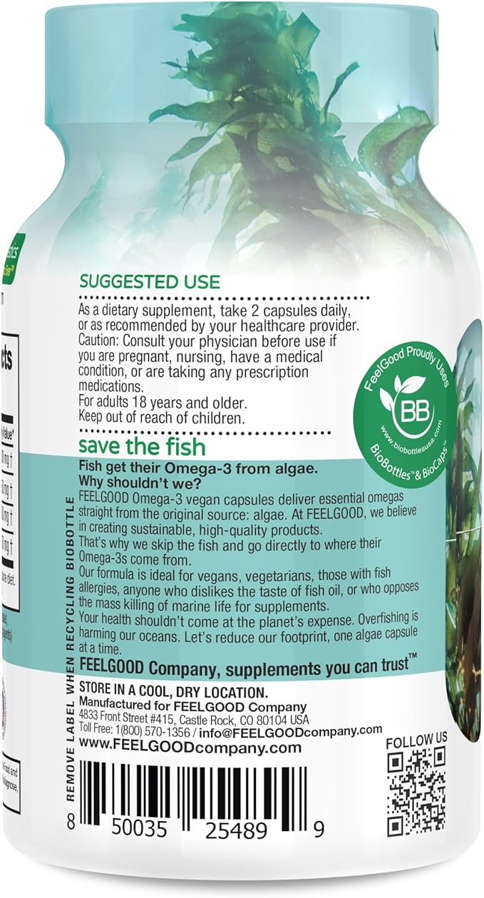 Feelgood Company Vegan Omega-3 Supplement Algae-Based Fish-Free 60 Capsules Gluten-Free Soy-Free Easy to Digest