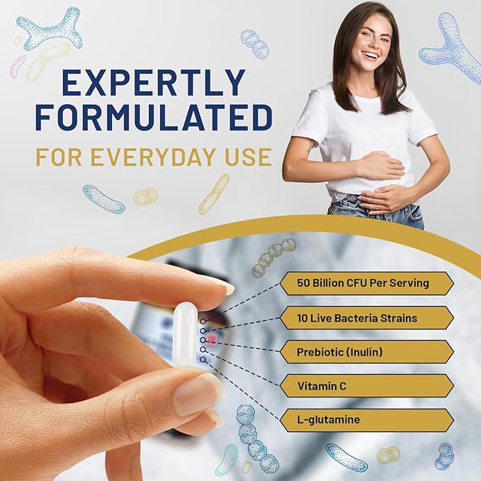 Bio Cultures Complex Probiotics and Prebiotics - 50 Billion CFU - 10 Live Bacteria Strains – Added with Inulin L-Glutamine &amp Vitamin C - 60 Capsules | Advanced Probiotic for Women &amp Men by Pr