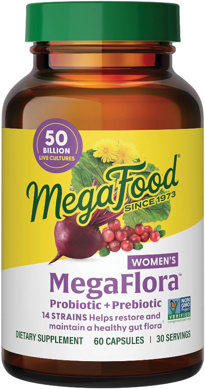 MegaFood MegaFlora Probiotics and Prebiotics for Women with 14 Strains &amp 50 Billion CFUs Cranberry Digestive Health Vegetarian Prebiotics and Probiotics for Women - 60 Capsules (30 Servings)