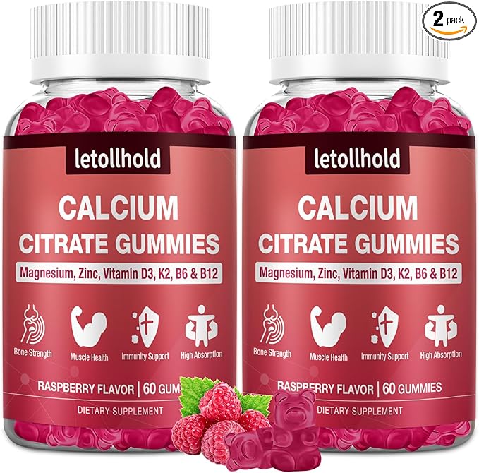 Calcium Citrate Gummies - 1200mg Calcium Gummies with Magnesium Zinc Vitamin D3K2 B6 B12 for Bone Muscle Joints Immune Support High Absorption Calcium Supplements for Women Raspberry Flavor