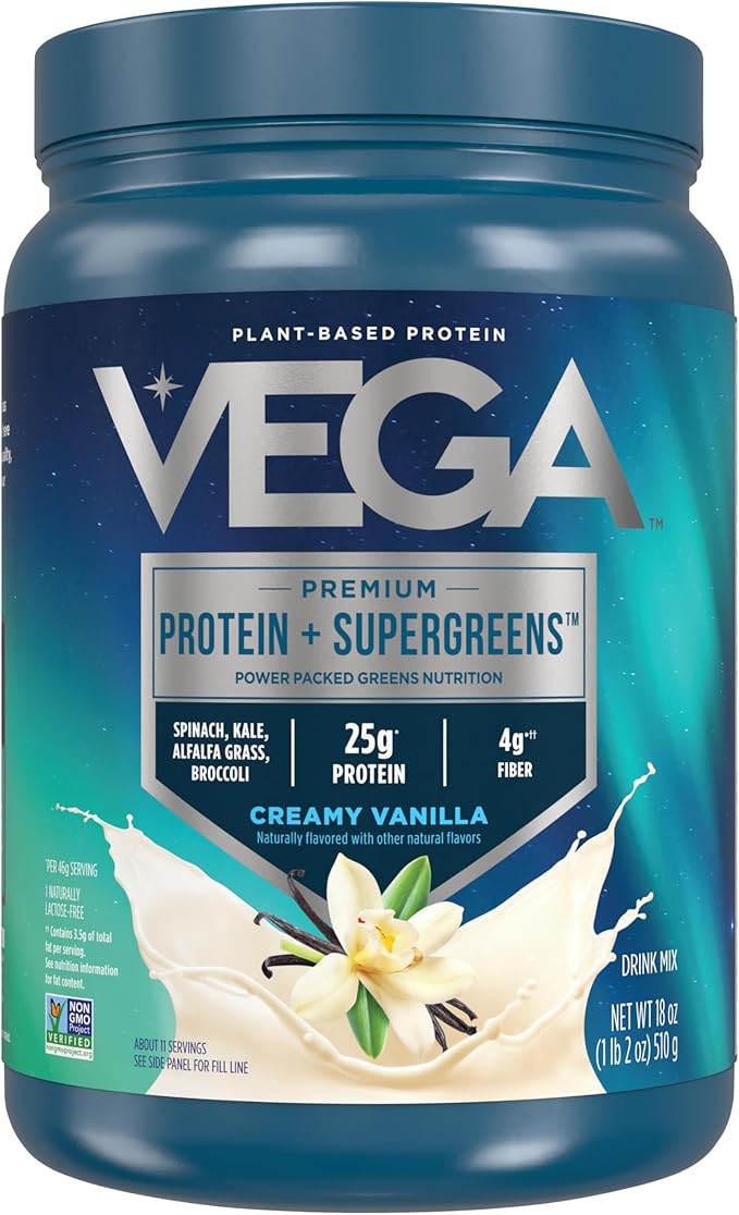 Vega Protein and Greens Protein Powder Creamy Vanilla (11 Servings) 25g Plant Based Protein Plus Veggies Vegan Non-GMO Pea Protein for Women and Men 1.2lbs