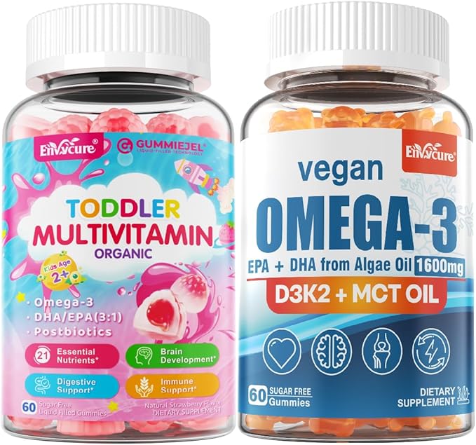 Vegan Omega 3 Gummies 1280mg + Vitamin D3 K2 (MK7) + Organic Toddler Multivitamin Gummies + Omega-3 (DHA/EPA) Postbiotics 3 Pack