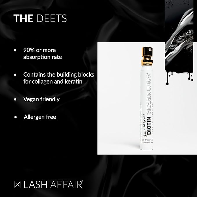 Lash Affair Biotin Supplement Vitamins for Hair Skin and Nails Growth Vegan Biotin Mouth Spray with Vitamin C E Iron and Amino Acids Gluten Free Cruelty-Free Made in the USA
